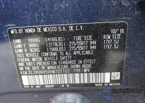 2017 Honda Hr-V Ex z USA, uszkodzony, nr VIN 3CZRU6H50HM707102